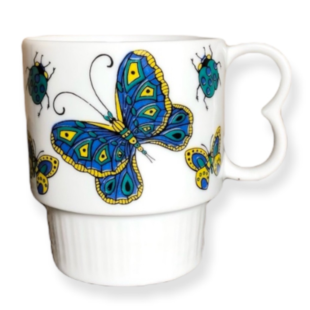 Vintage 70’s Butterfly Lady Bug Ceramic Stacking Coffee Mug SI Japan